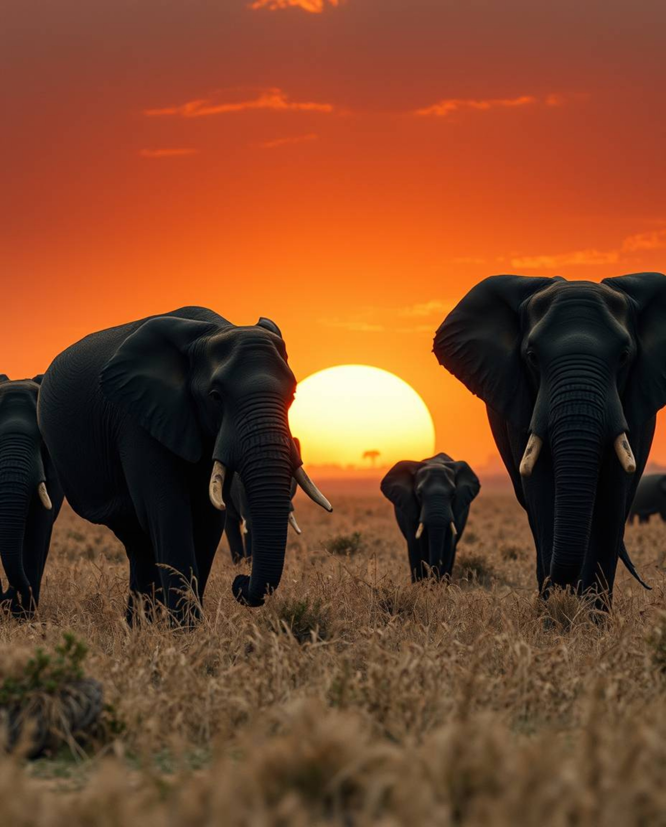 Dramatic cinematic style: Natural earth tones, browns, and beiges depict elephants traversing a sunset field. Muted colors, f