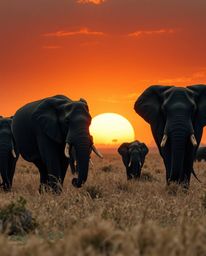 Dramatic cinematic style: Natural earth tones, browns, and beiges depict elephants traversing a sunset field. Muted colors, f