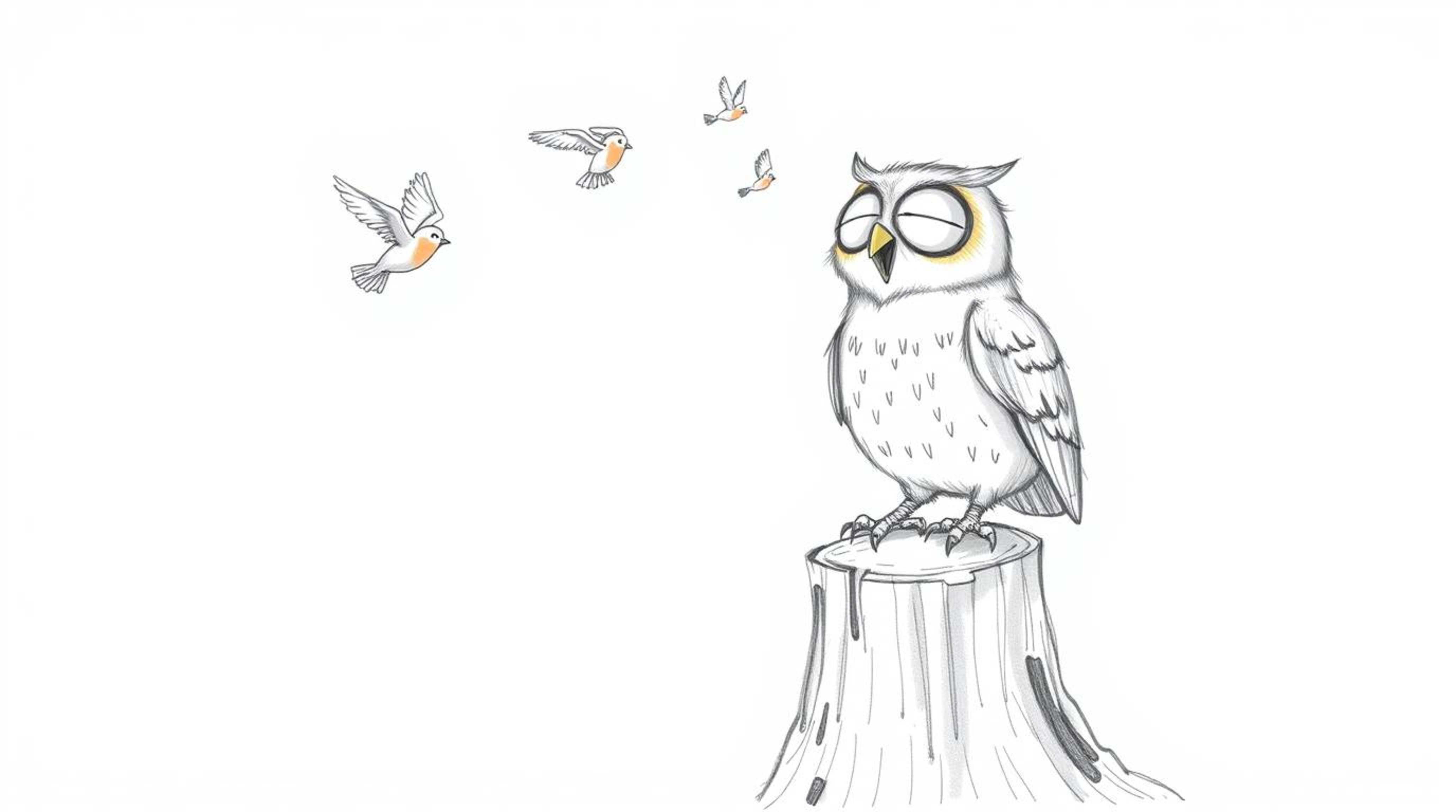 A heartwarming, Pixar-style hand-drawn sketch depicting a blind owl joyfully perched on a tree stump, cheering on a flock of 