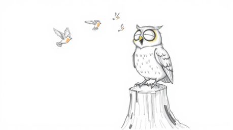 A heartwarming, Pixar-style hand-drawn sketch depicting a blind owl joyfully perched on a tree stump, cheering on a flock of 