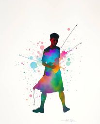 Explore the captivating blend of a silhouetted figure with vibrant, iridescent watercolor splashes in a hand-drawn sketch sty