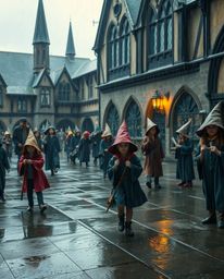 Immerse yourself in a wet and enchanting rainy scene depicting a magical school bustling with young wizards.  The image featu