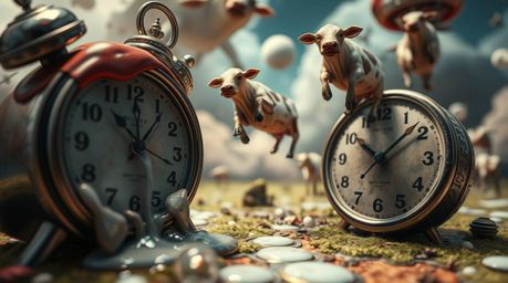 Explore a surreal dreamscape captured in extreme macro close-up, featuring the bizarre juxtaposition of melting clocks and fl