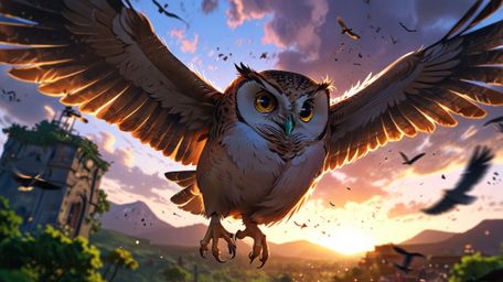 In a touching and uplifting scene, rendered in a beautiful Pixar and anime style, a blind owl mentor is shown clapping its wi