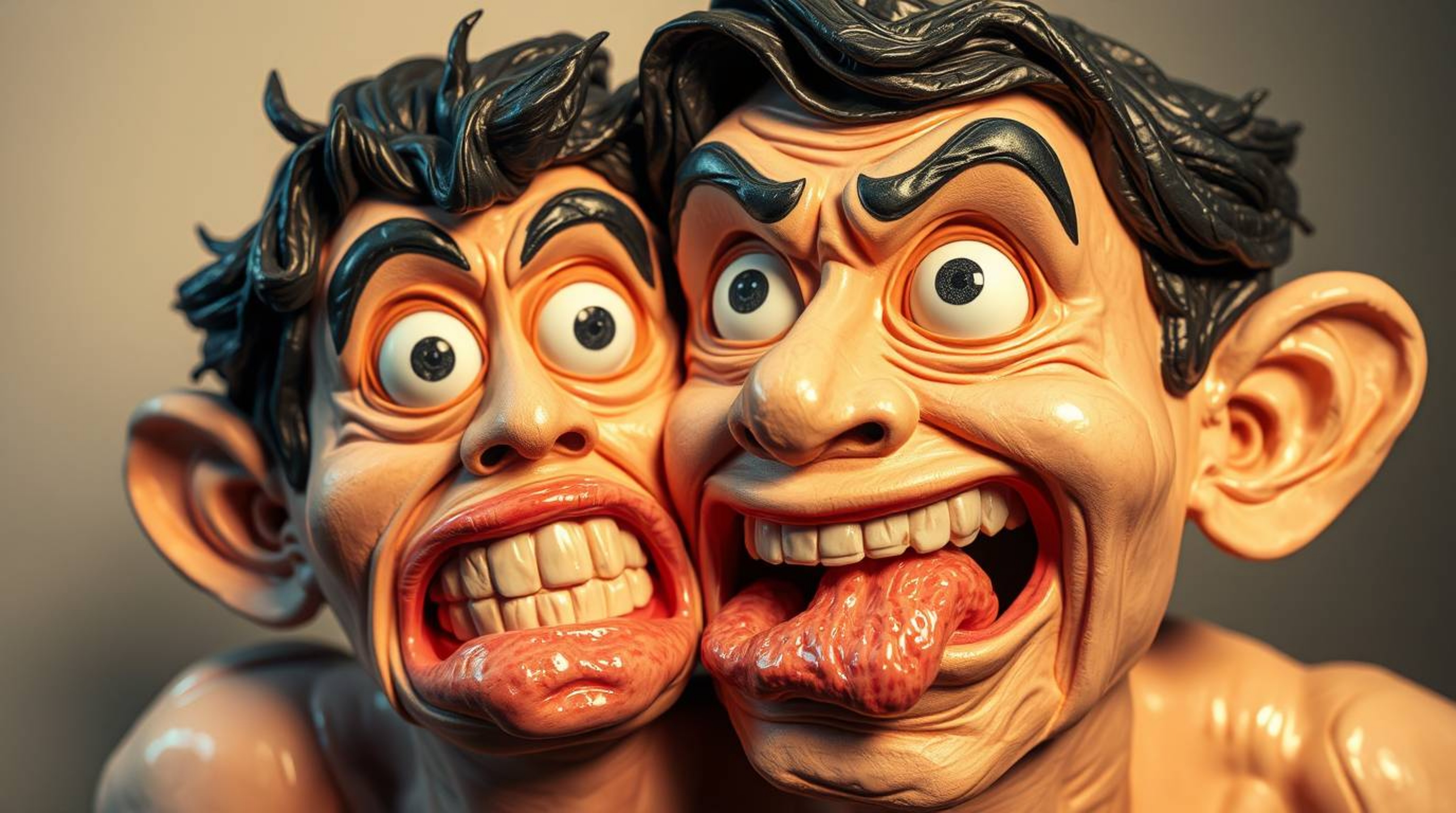 Experience a hilariously exaggerated moment captured in layered papier-mâché, showcasing sculpted, textured surfaces that shi
