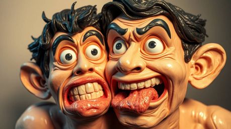 Experience a hilariously exaggerated moment captured in layered papier-mâché, showcasing sculpted, textured surfaces that shi
