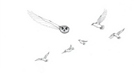 A captivating hand-drawn sketch reminiscent of Pixar's animation style features a blind owl in mid-flight, generously sharing