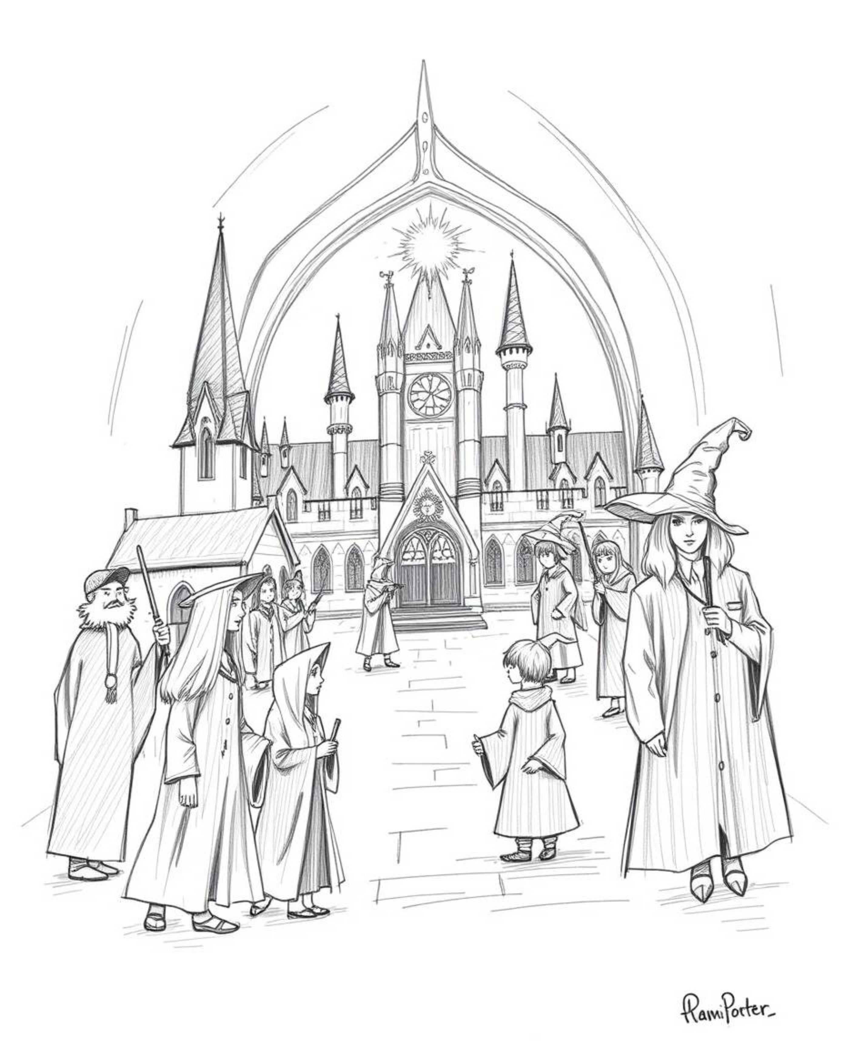 Explore a whimsical magical school filled with young wizards, brought to life as a hand-drawn sketch. The artwork features ro