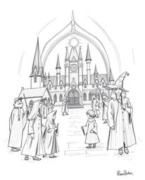 Explore a whimsical magical school filled with young wizards, brought to life as a hand-drawn sketch. The artwork features ro