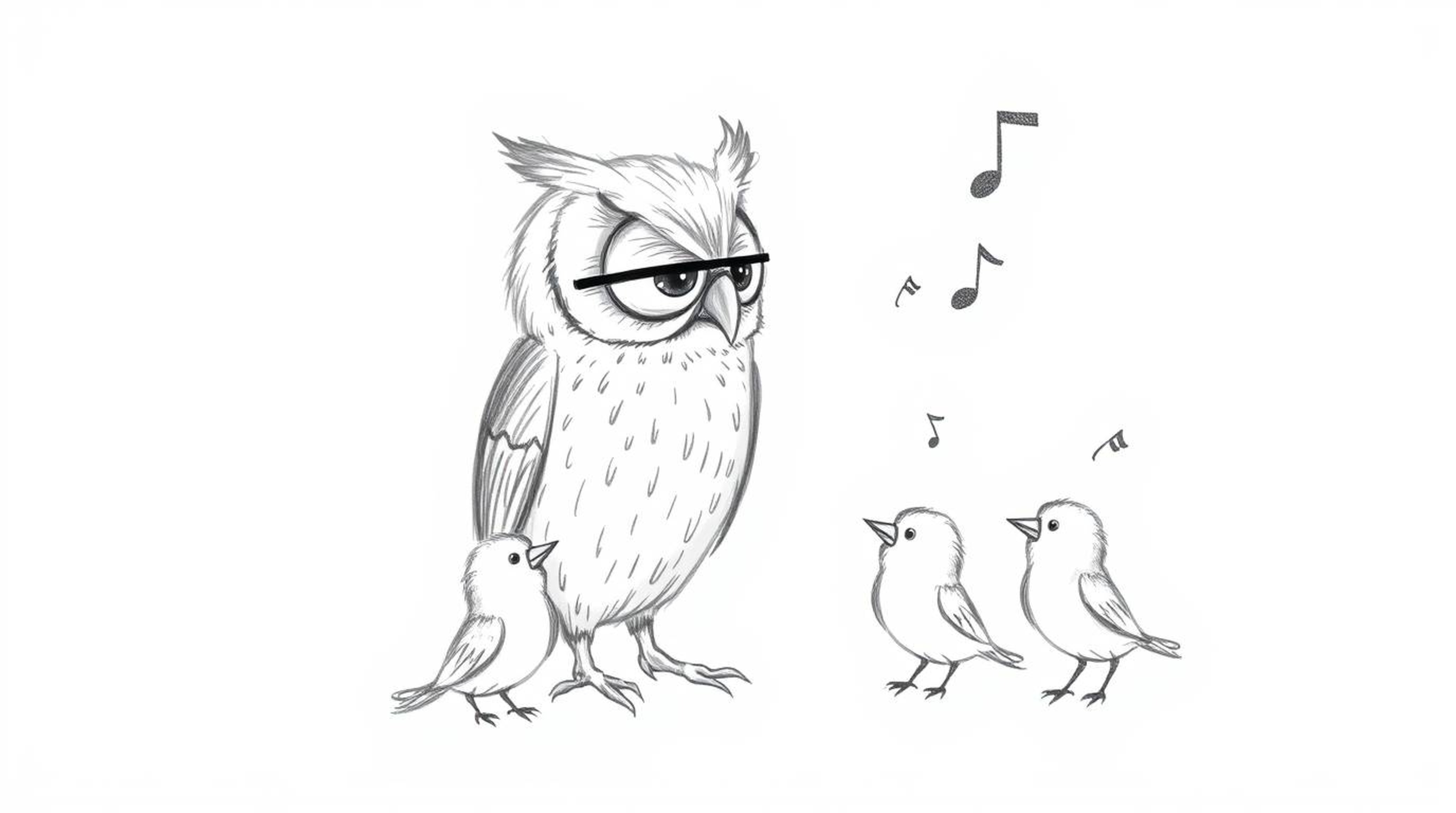 A charming Pixar-style hand-drawn sketch depicts a blind owl imparting invaluable flight wisdom to a group of small birds. Th