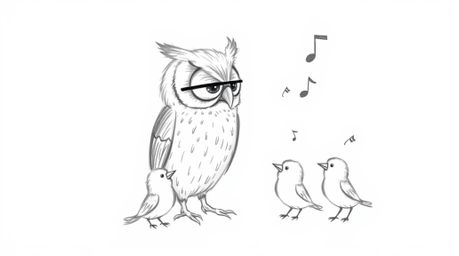 A charming Pixar-style hand-drawn sketch depicts a blind owl imparting invaluable flight wisdom to a group of small birds. Th