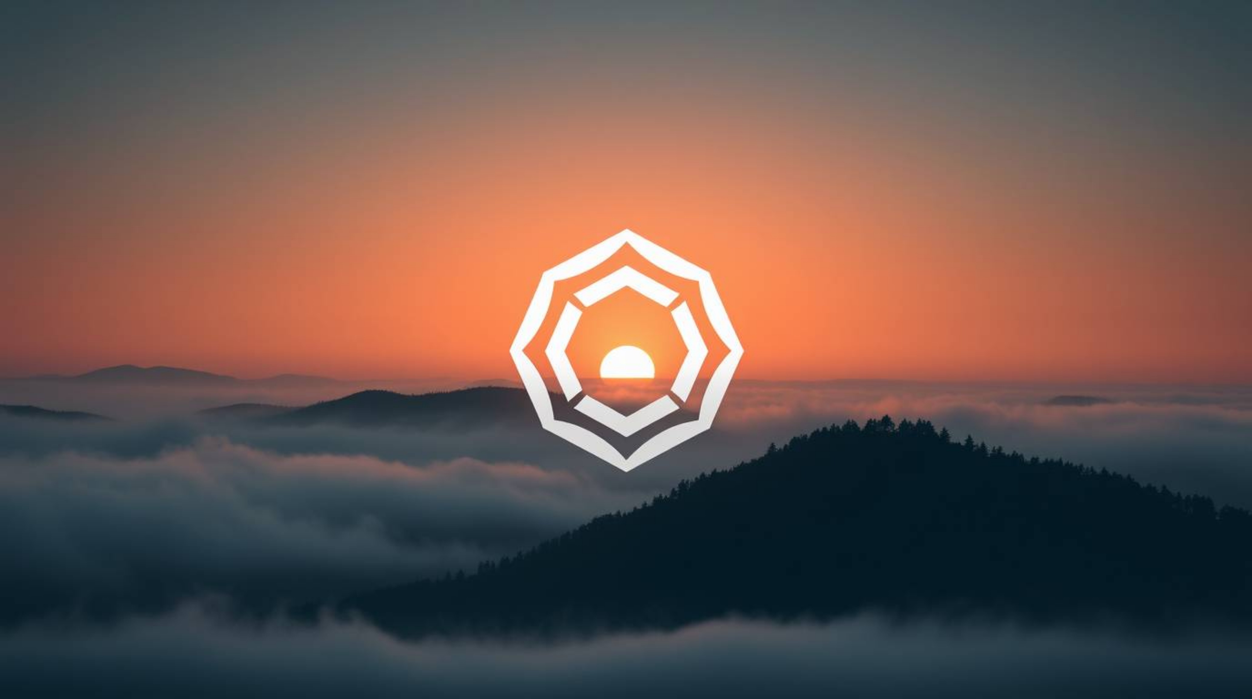 Create a strong, moody geometric logo featuring fog-covered hills at sunset.  Emphasize clean lines, balance, and symmetry wi