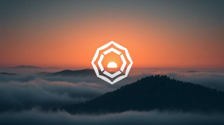 Create a strong, moody geometric logo featuring fog-covered hills at sunset.  Emphasize clean lines, balance, and symmetry wi