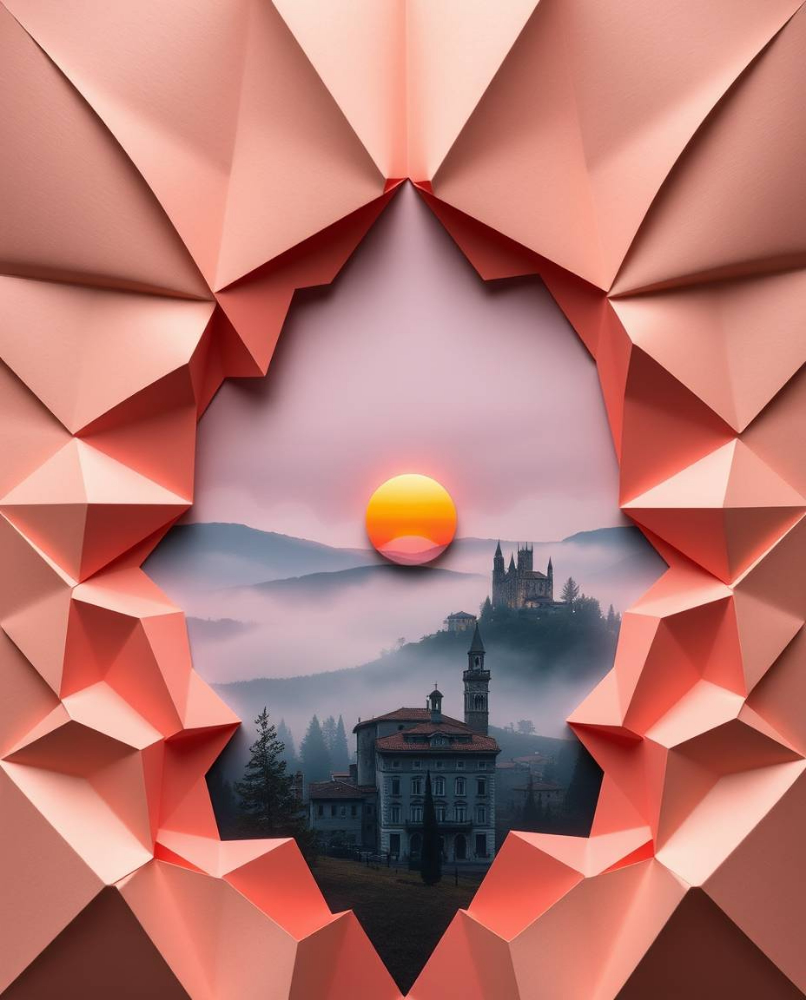 Overhead view of an intricate origami-style artwork depicting a mystical Tuscan sunset over misty hills, gentle color contras