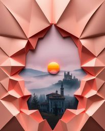 Overhead view of an intricate origami-style artwork depicting a mystical Tuscan sunset over misty hills, gentle color contras