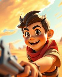 Experience a lively and energetic Disney-style desert adventure featuring a brave hero in a tight close-up shot with bright v
