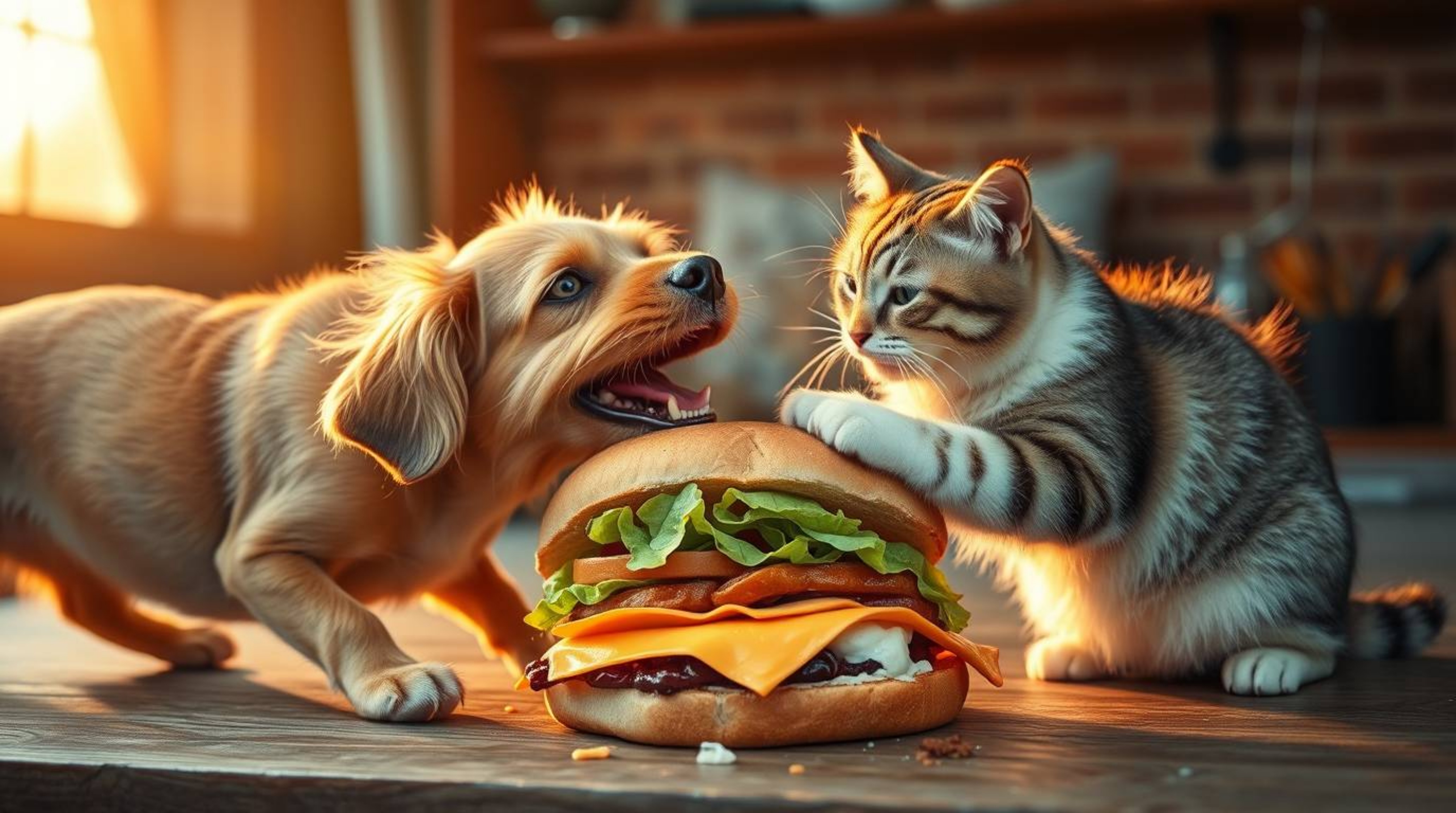 A captivating image depicting a humorous scene of a dog and a cat engaged in a playful fight over a massive sandwich.  The wa