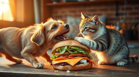 A captivating image depicting a humorous scene of a dog and a cat engaged in a playful fight over a massive sandwich.  The wa