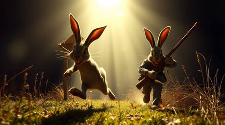Witness a grand, epic spectacle as a wacky rabbit outsmarts a determined hunter in a hilarious slapstick chase. Bathed in int