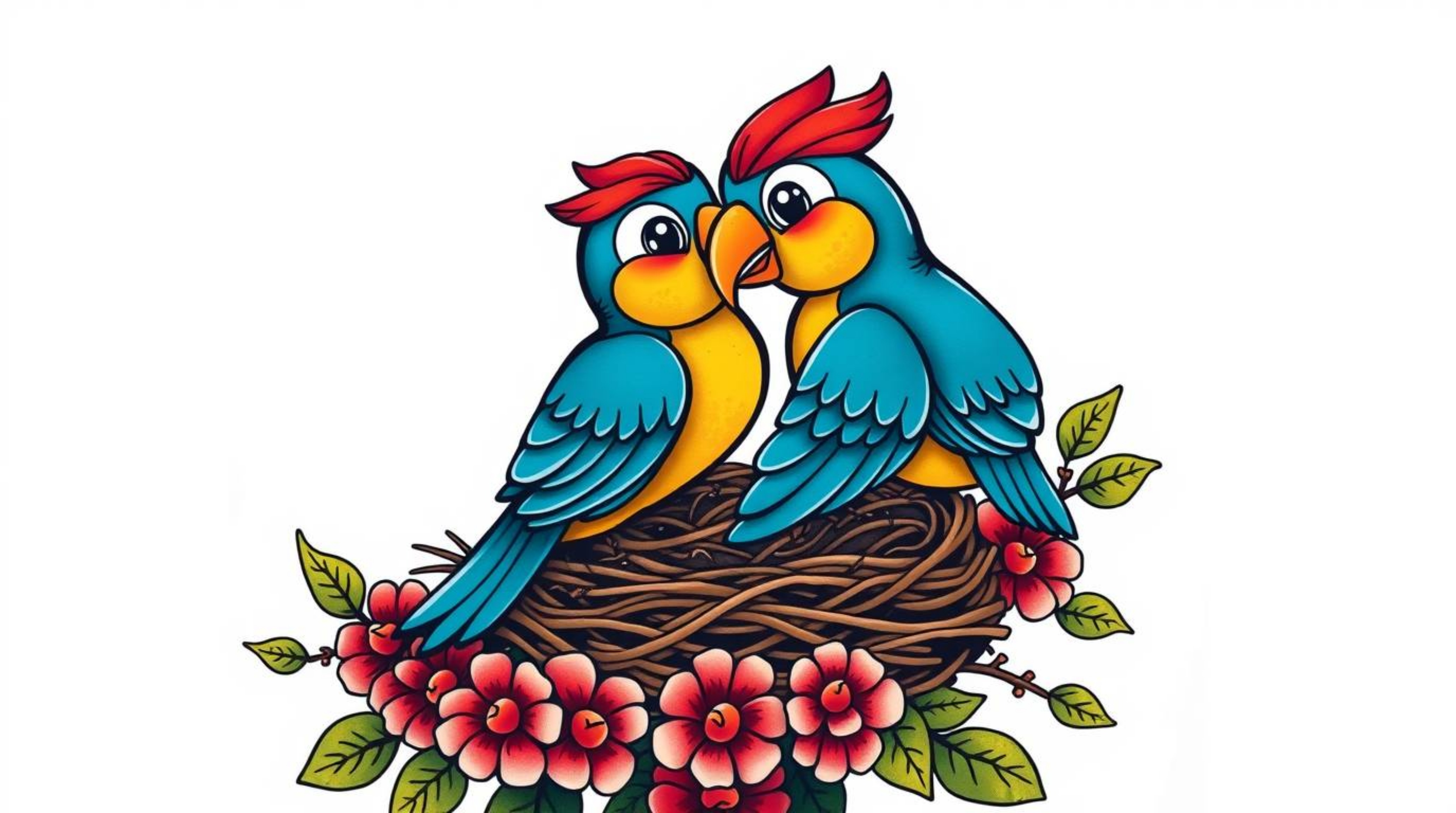 This traditional tattoo art print features two charming cartoon birds diligently building a nest, rendered in a delightful cl
