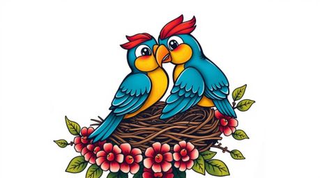 This traditional tattoo art print features two charming cartoon birds diligently building a nest, rendered in a delightful cl