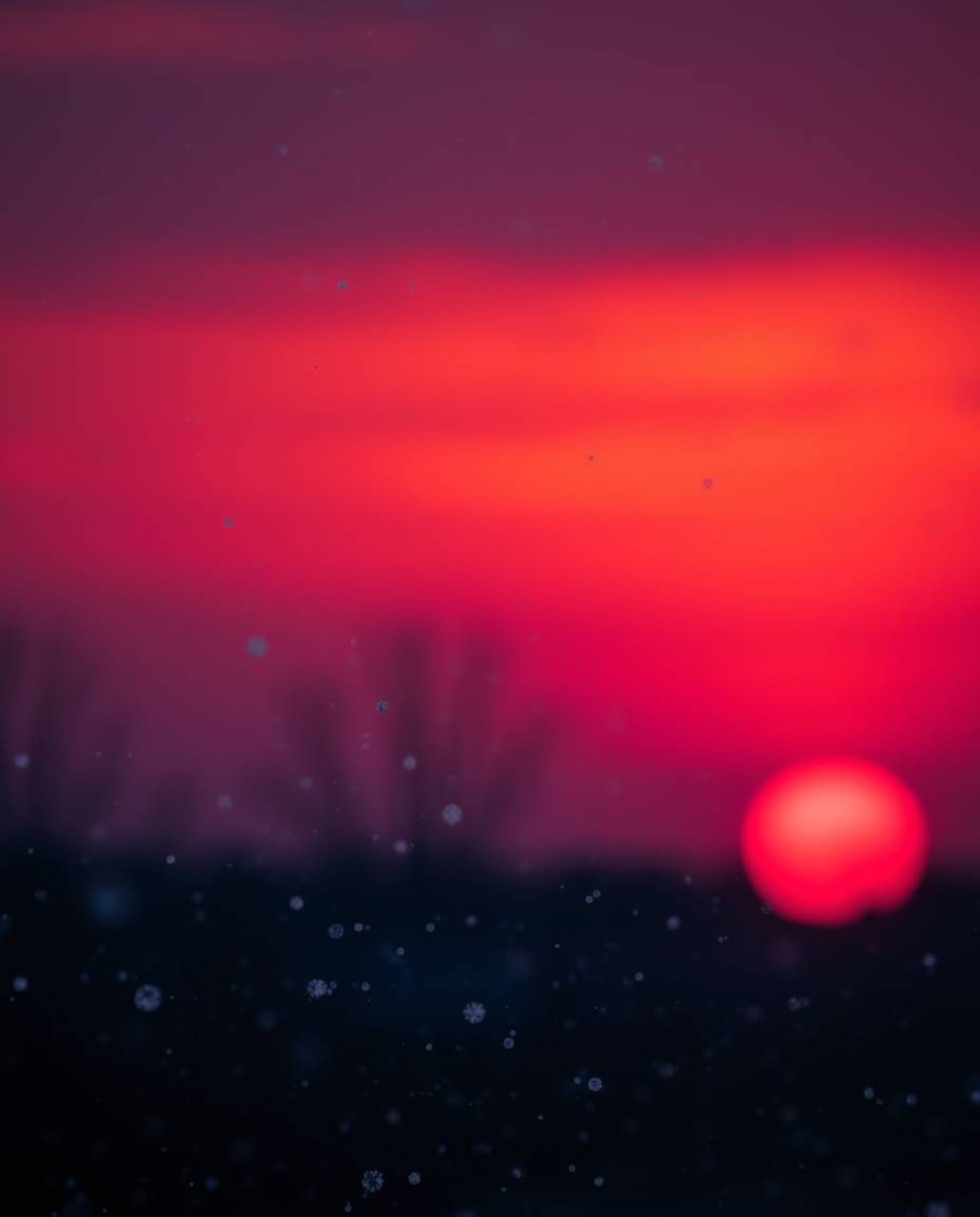 This cinematic style image captures the enchanting scene of snowflakes falling during a vibrant sunset. The composition is ch