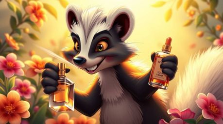 A whimsical cartoon skunk with a mischievous grin is captured in a warm golden glow, playfully spraying perfume onto vibrant 