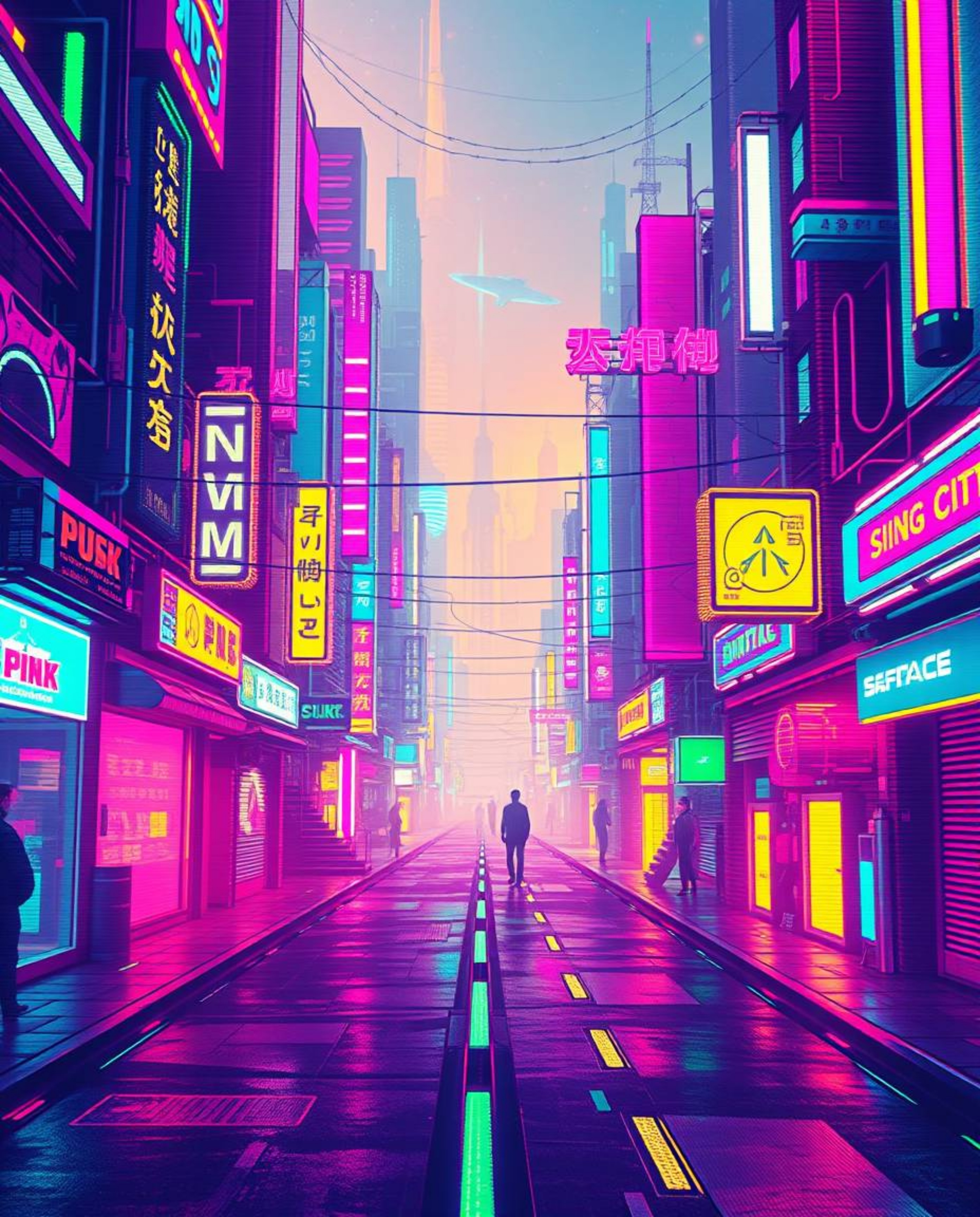 A vibrant, pixelated glitch art image depicting a futuristic cyberpunk street scene.  The image is awash in bright neon color