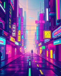 A vibrant, pixelated glitch art image depicting a futuristic cyberpunk street scene.  The image is awash in bright neon color