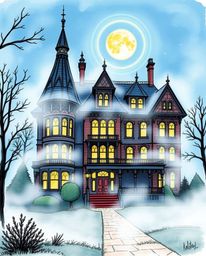 A captivating hand-drawn sketch depicts a fog-shrouded Victorian mansion bathed in soft moonlight, rendered in a vibrant and 