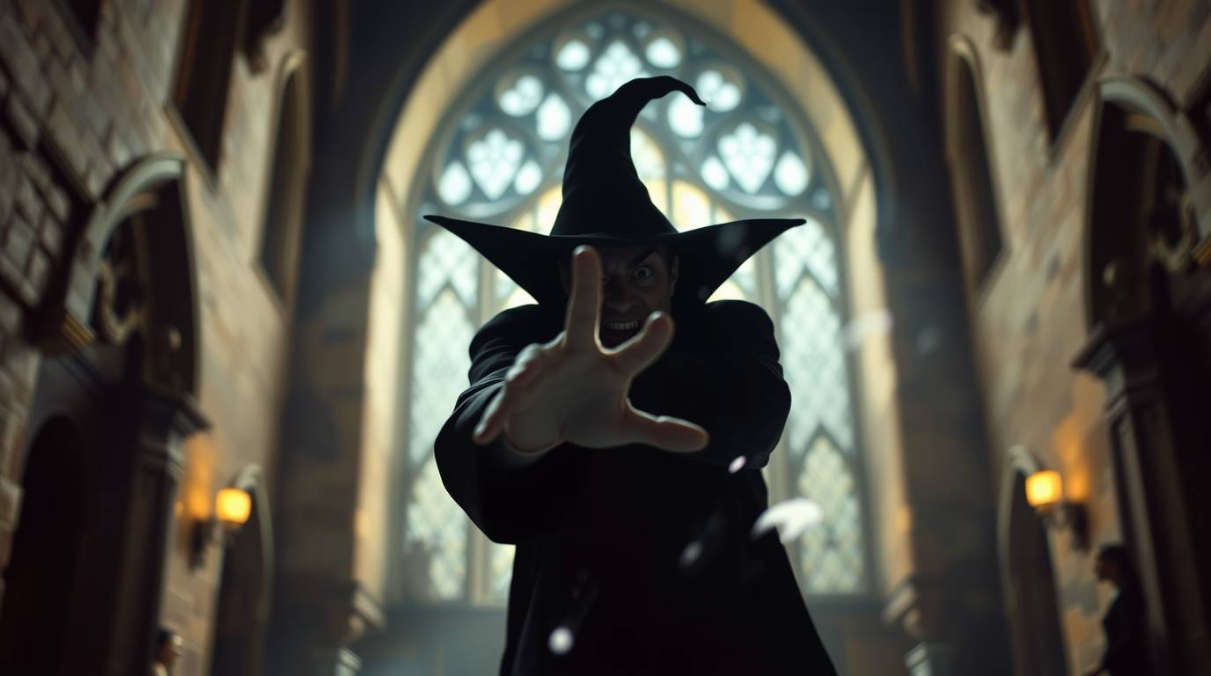 A classic Disney villain is sharply in focus, casting a powerful spell within the walls of an old castle. The scene is bathed