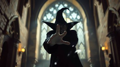 A classic Disney villain is sharply in focus, casting a powerful spell within the walls of an old castle. The scene is bathed