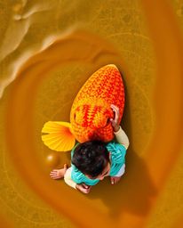A captivating overhead shot showcases a vibrant sea creature and a child playfully interacting. The image features complemen