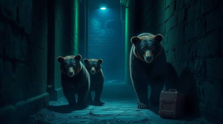 A captivating image depicting a dark brown bear family venturing through a dimly lit alleyway.  Eerie green and purple hues c