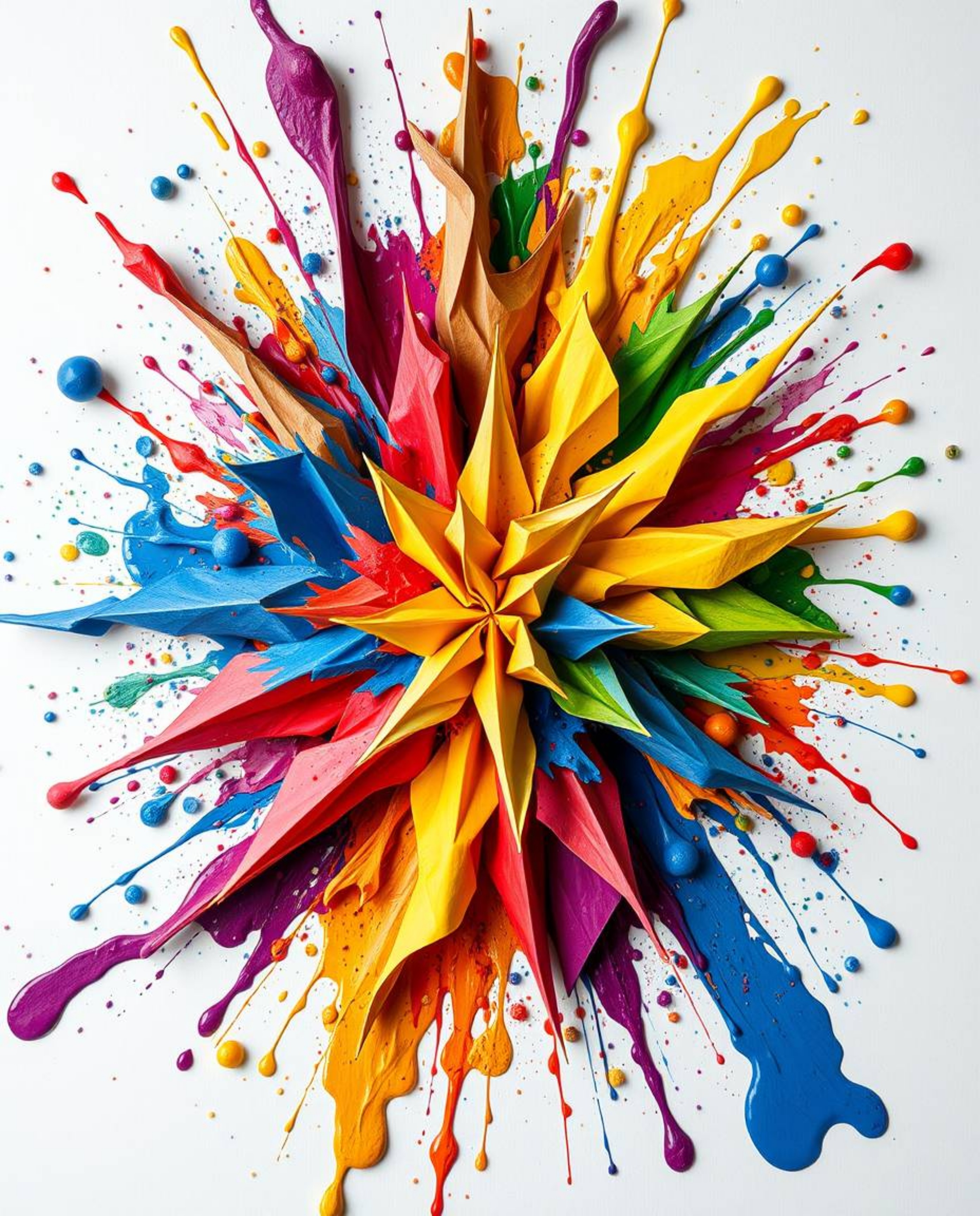 A vibrant explosion of colorful paint splashes across a pristine white canvas, meticulously detailed and rendered in an abstr