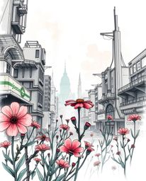 Explore a unique blend of beauty and decay with hand-drawn sketches of flowers blooming amidst a post-apocalyptic cityscape. 