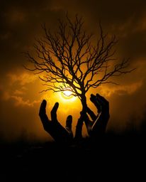 A digital painting showcases a scene of hands planting a tree beneath a vibrant golden sky, rendered in a dramatic chiaroscur