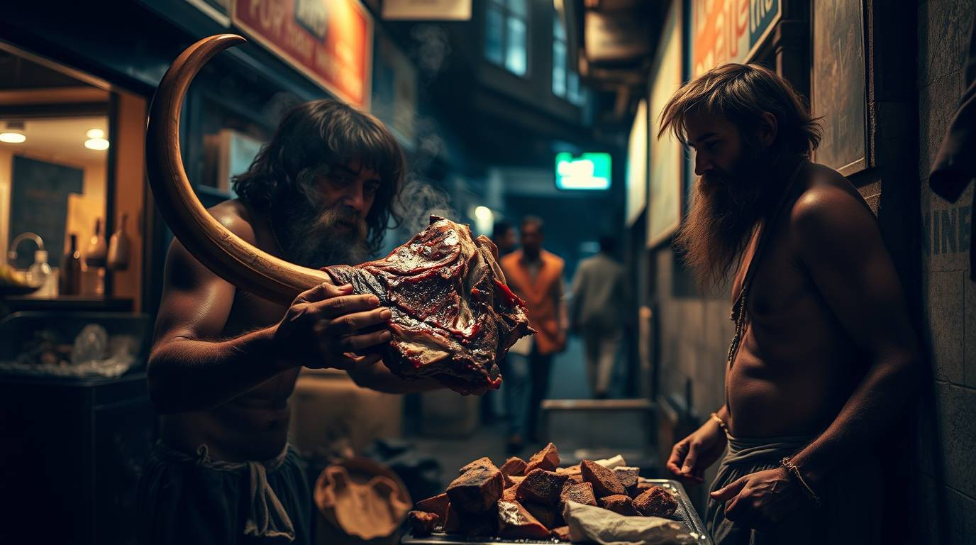 A striking street photography shot capturing the unexpected juxtaposition of a caveman cooking mammoth meat within a gritty u