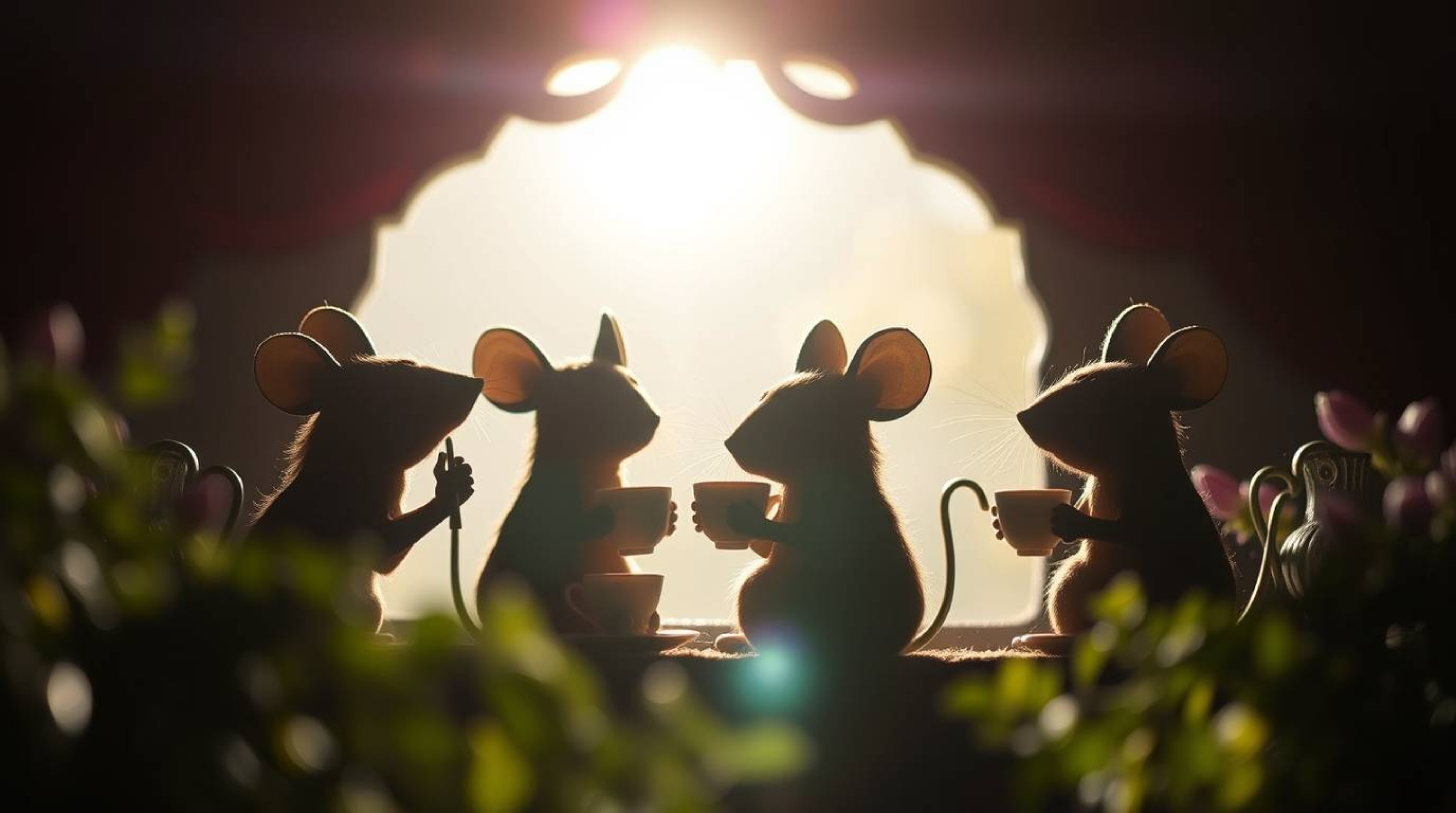 Experience a whimsical scene of anthropomorphic mice enjoying a delightful tea party within a cozy cottage.  A long exposure 