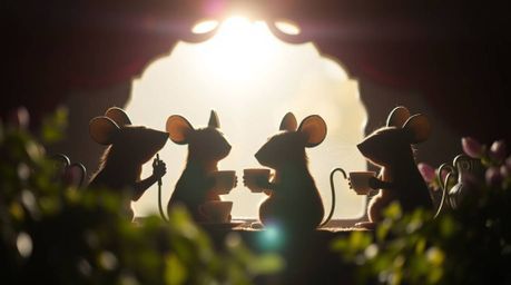 Experience a whimsical scene of anthropomorphic mice enjoying a delightful tea party within a cozy cottage.  A long exposure 