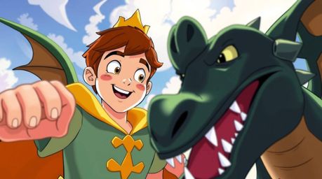 A charming prince, depicted in a vibrant 1950s animation style, bravely battles a fearsome dragon.  The scene is dynamic and 