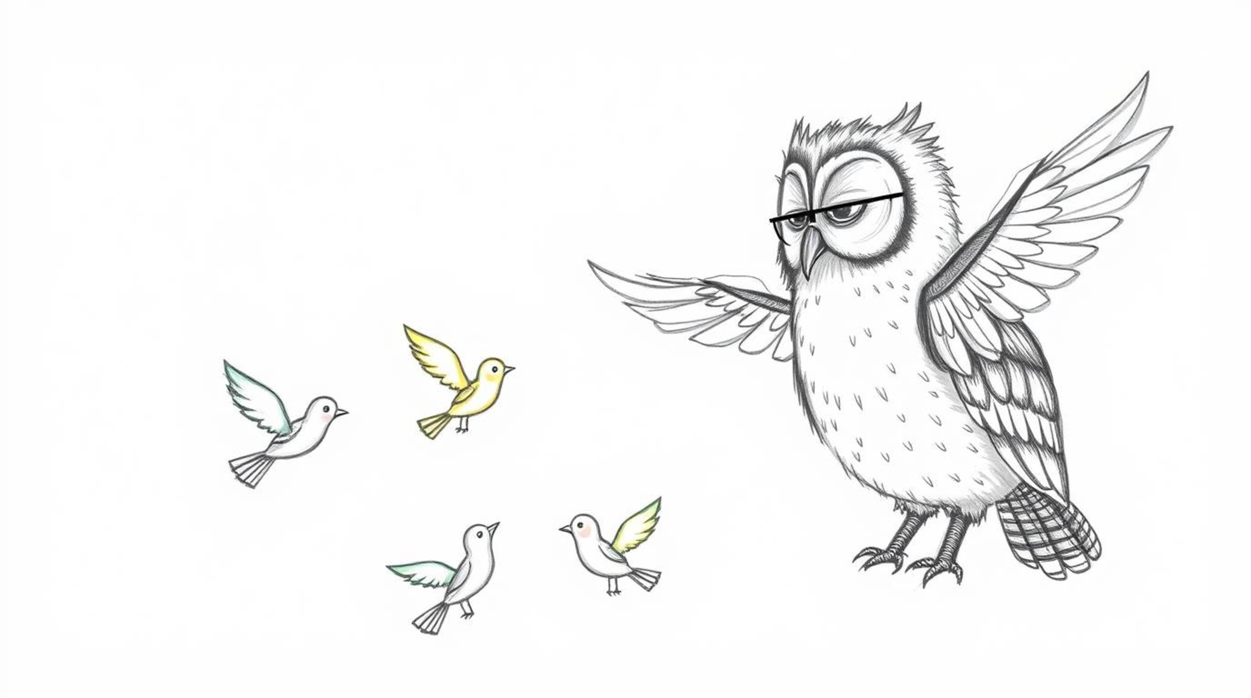 A charming hand-drawn sketch in the style of Pixar depicts a blind owl with soft, feathery texture teaching birds how to fly.
