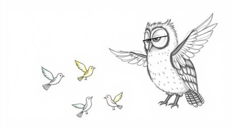 A charming hand-drawn sketch in the style of Pixar depicts a blind owl with soft, feathery texture teaching birds how to fly.