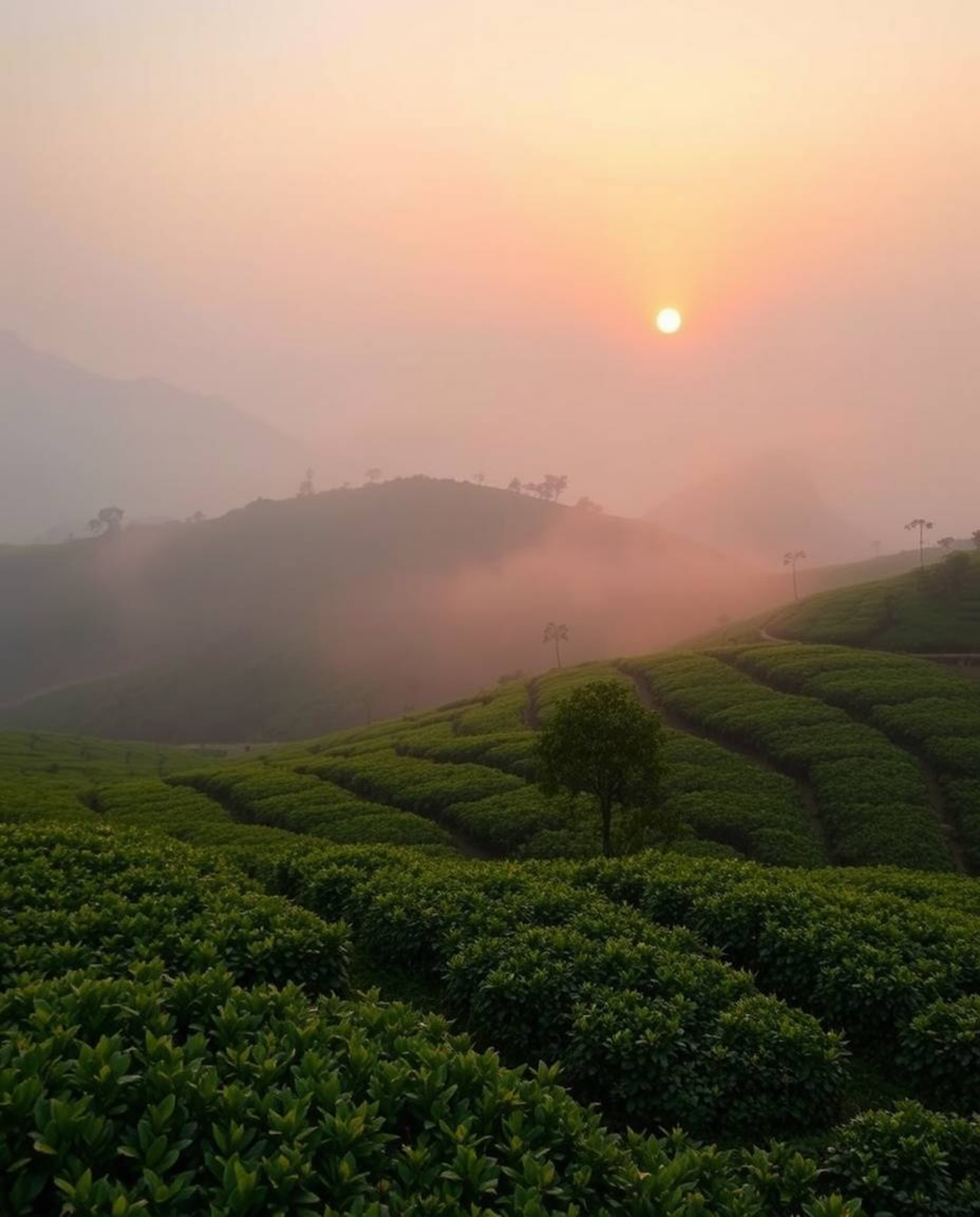 This image captures a beautiful, iridescent sunset over terraced tea plantations, enveloped in a soft cinematic haze. The use