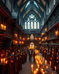 Capturing the essence of a magical school, this architectural color photograph showcases young wizards amidst a breathtaking 