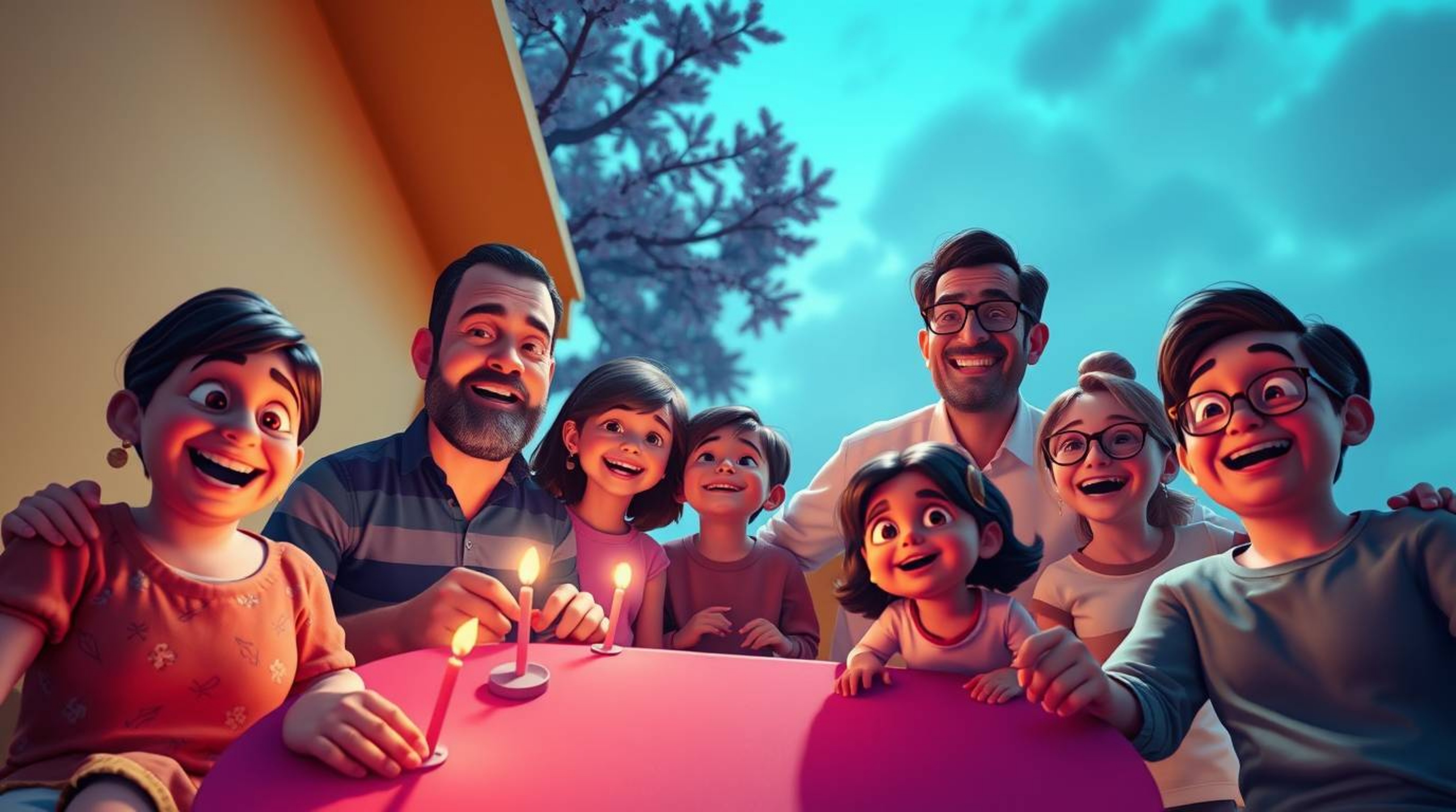 Experience a heartwarming family reunion in a captivating Pixar-style scene, rendered in striking deep ultraviolet hues with 