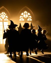 Capture the essence of a magical school with young wizards in a dynamic, motion-filled silhouette photograph. The backlightin