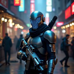 In a vibrant, cyberpunk marketplace teeming with neon signs and exotic scents, a futuristic bounty hunter stands out, clad in