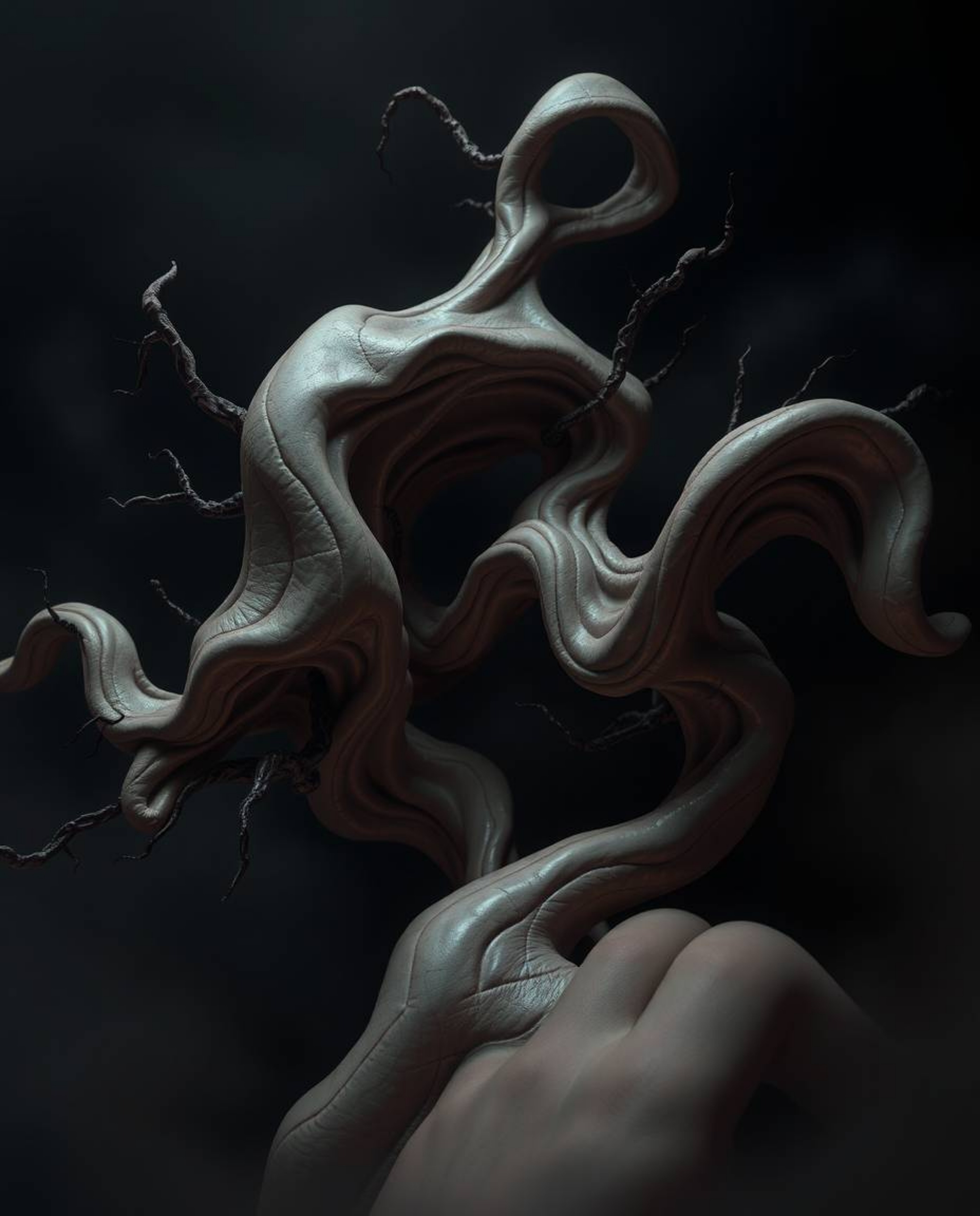 Explore the unsettling and eerie world of 3D art with this illustration showcasing fluid shapes morphing endlessly into each 