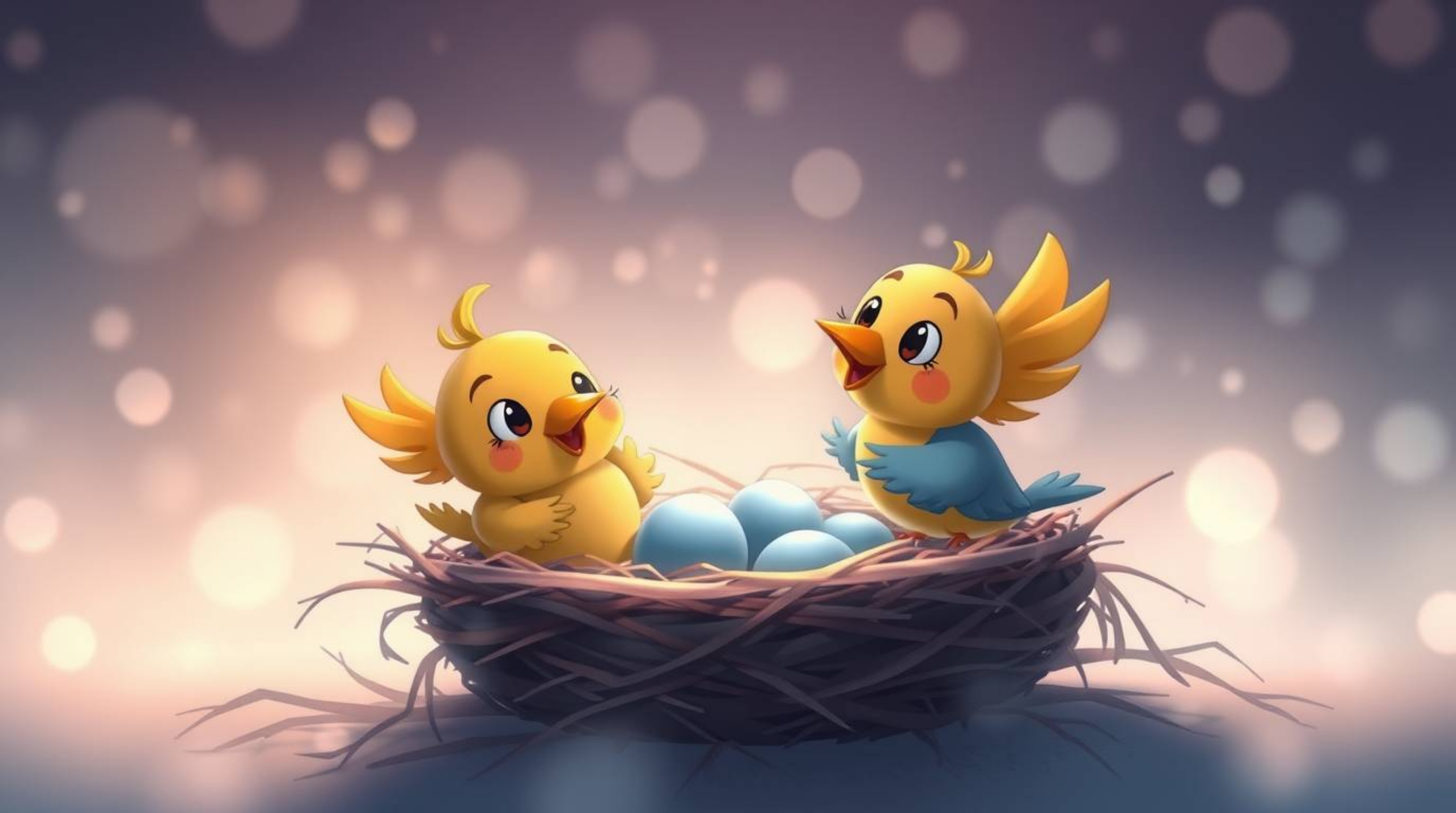 A charming animation depicting two cartoon birds diligently constructing a nest. Rendered in a classic animation style with